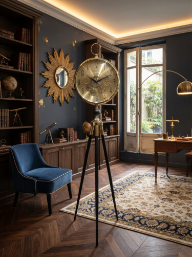 Çarklı Mekanizmalı Üç Ayaklı Gold Detaylı Büyük Boy Ayaklı Saat & Salon Dekoratif Dilsiz Saat - 438