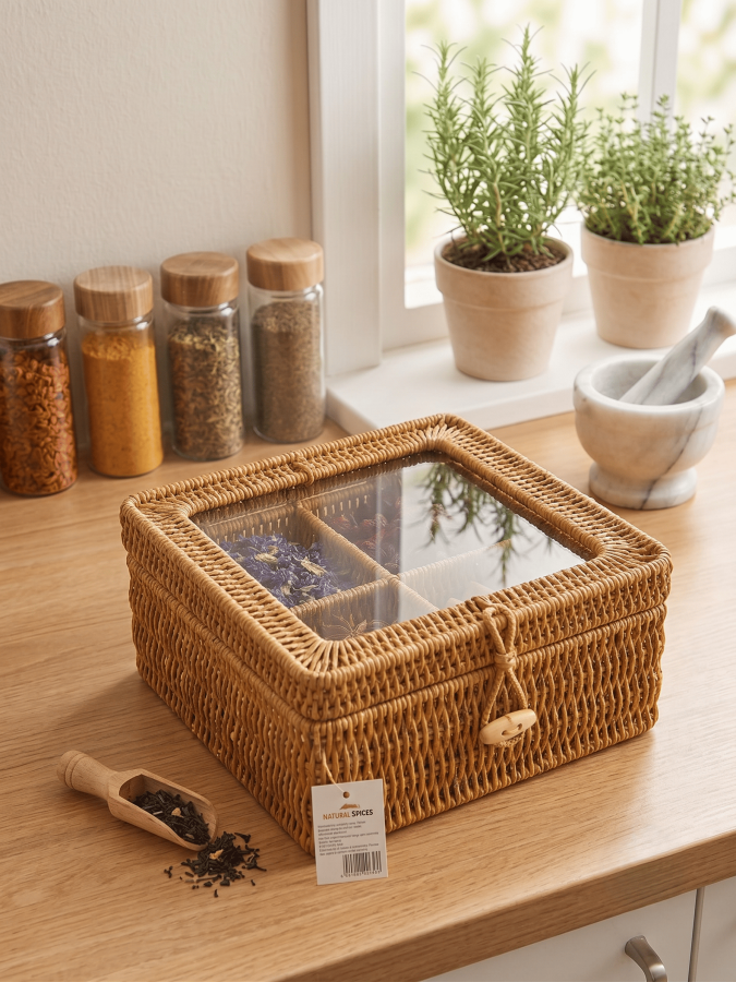 Doğal Plastik Örme Rattan Pleksi Kapaklı Çok Amaçlı Düzenleyici Kutu - 4 Bölmeli Takı, Çay ve Baharat Kutusu 24x24x14 cm - 624 - 1