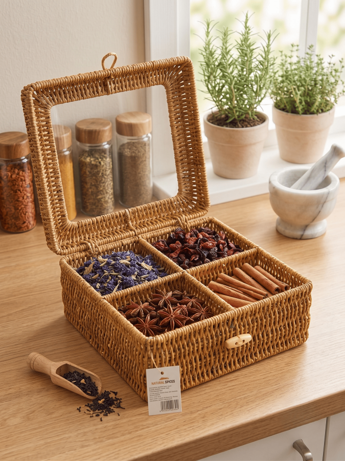 Doğal Plastik Örme Rattan Pleksi Kapaklı Çok Amaçlı Düzenleyici Kutu - 4 Bölmeli Takı, Çay ve Baharat Kutusu 24x24x14 cm - 624 - 2