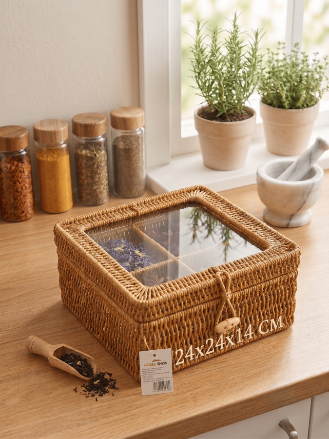 Doğal Plastik Örme Rattan Pleksi Kapaklı Çok Amaçlı Düzenleyici Kutu - 4 Bölmeli Takı, Çay ve Baharat Kutusu 24x24x14 cm - 624 - 3