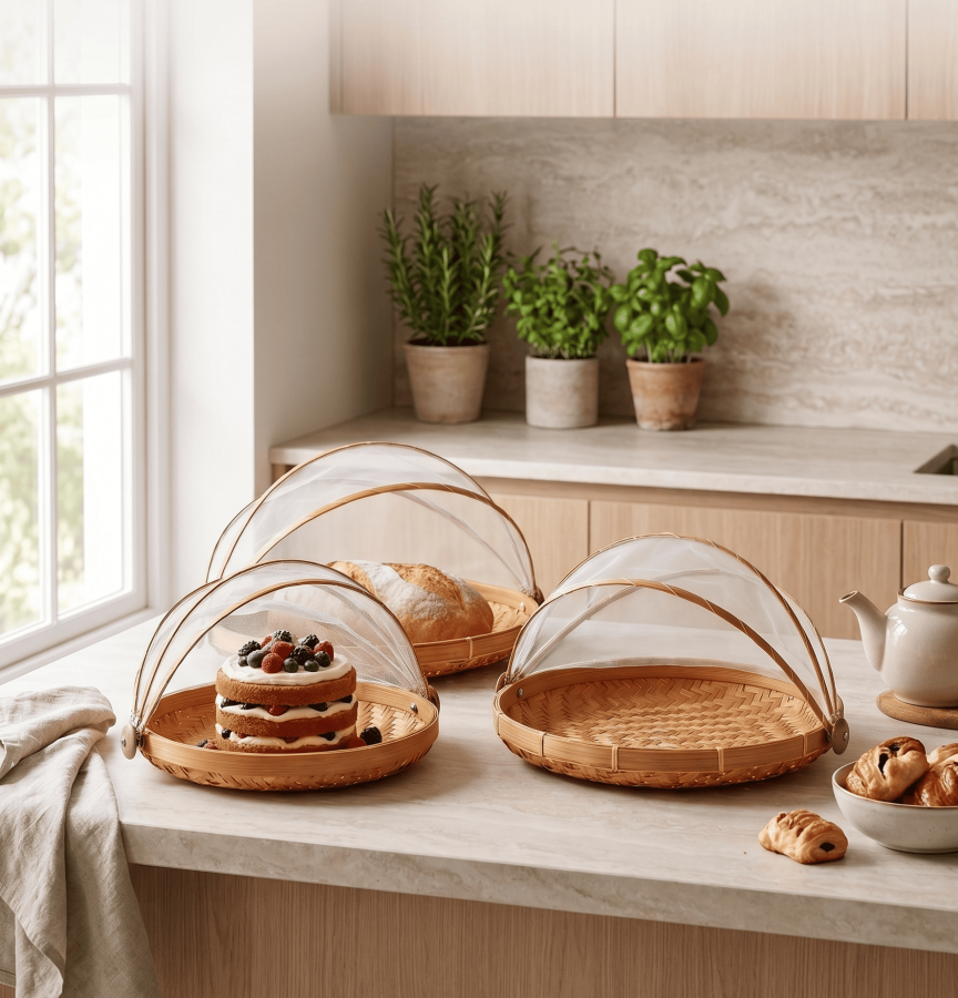 Handmade Kek Fanusu, Bambu Kapaklı Piknik Sepeti, Hasır Ekmek Sepeti, Kapaklı Kek Standı - SR8 - 1