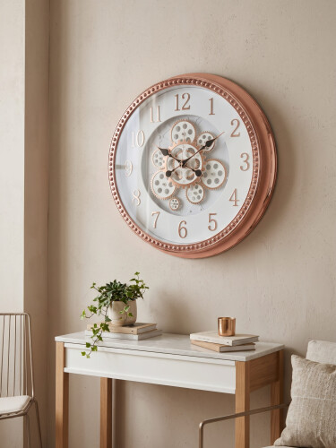 Lüks Rose Gold Çerçeveli Çarklı Dekoratif Büyük Boy Duvar Saati - 586