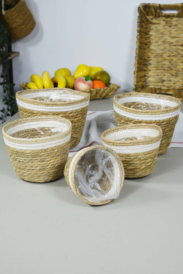 Naturel Hasır Sepet Organizer, Saksı, Mutfak, Banyo 5 Boy Beyaz Şerit - P02-1 - 1